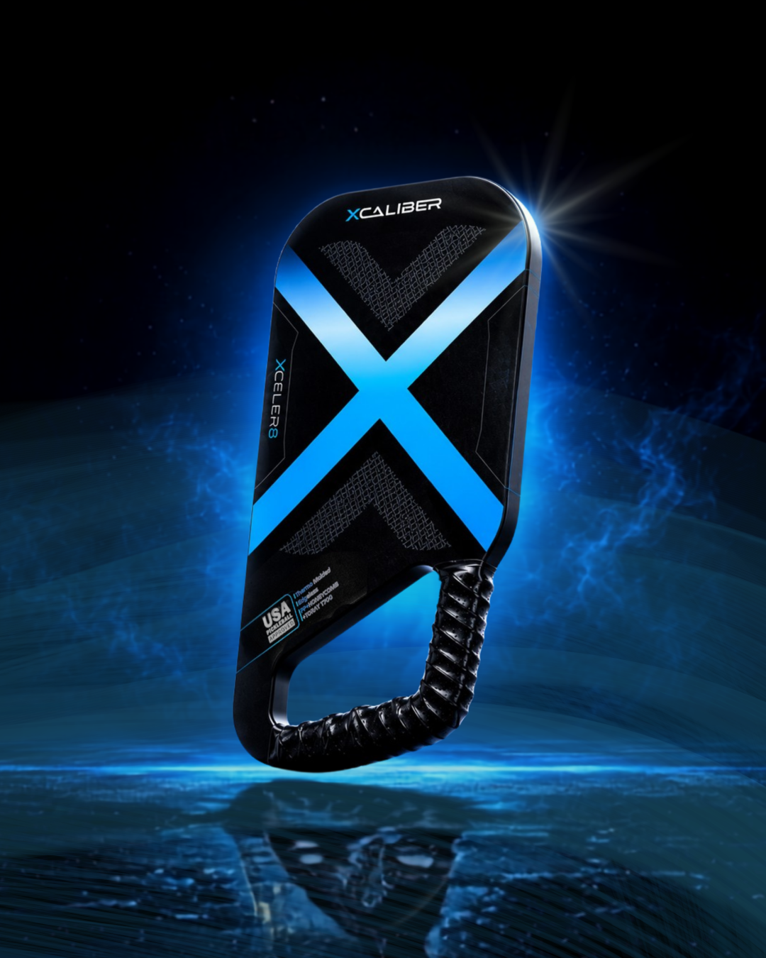 Xcaliber Ergo ergonomic pickleball paddle with pistol grip on a black and blue background
